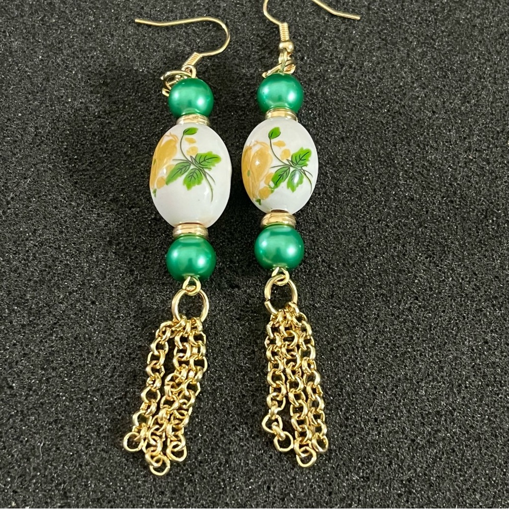 Hand Crafted Green and Gold Botanical Earrings